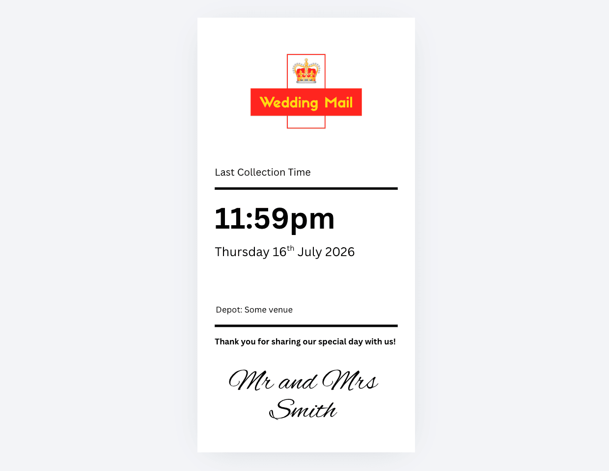 The personalised insert with names, venue and date